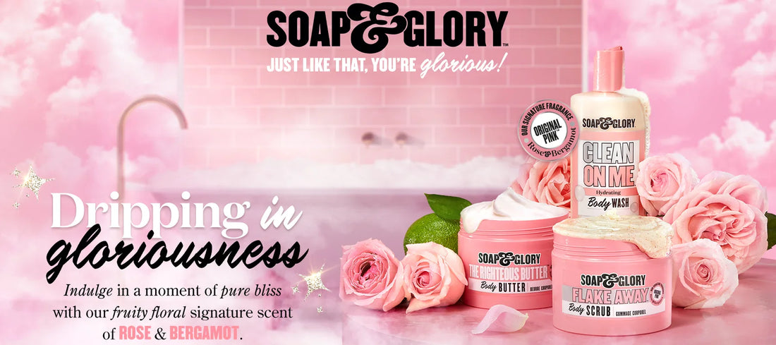 Soap & Glory Skincare Collection – Clean On Me Body Wash, The Righteous Butter Body Butter, Flake Away Body Scrub with pink roses and pastel bathroom background – Shop 100% Original Soap & Glory Products Online in Pakistan at Lifector