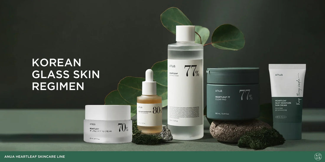 Anua Heartleaf 77 and 80 skincare line banner — Korean glass skin regimen featuring toner, ampoule, clear pad, cream, and sun cream, available in Pakistan at Lifector.
