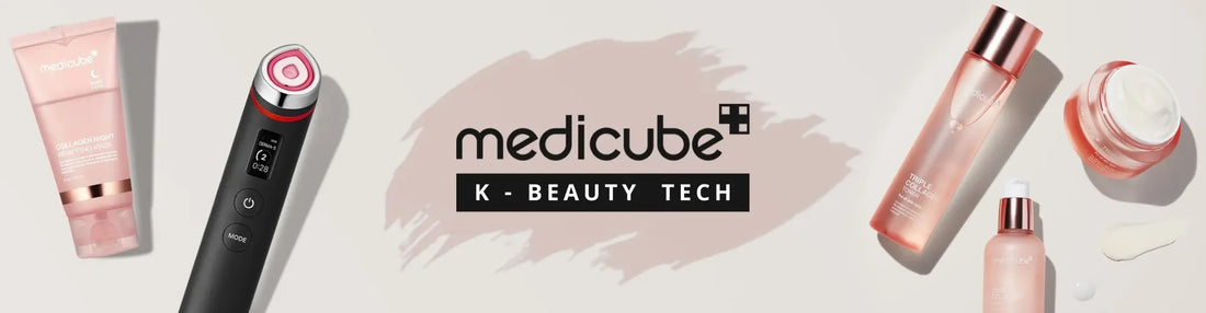 Medicube skincare banner showing Collagen Night Wrapping Mask, Triple Collagen Toner, and beauty tech device. K-Beauty skincare and pore care available in Pakistan at Lifector.