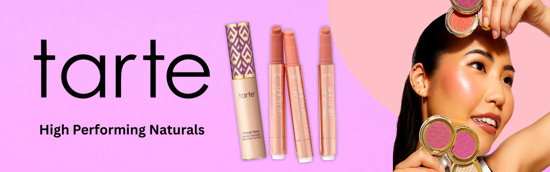 Tarte Cosmetics Collection Pakistan – Shape Tape Concealer, Maracuja Juicy Lip Plump, and Amazonian Clay Blush displayed with model wearing soft glam makeup on pink and lavender background. High Performing Natural Makeup.