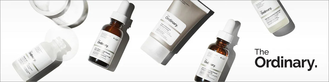 The Ordinary skincare products banner – serums and creams arranged on a white background – Pakistan – Lifector”