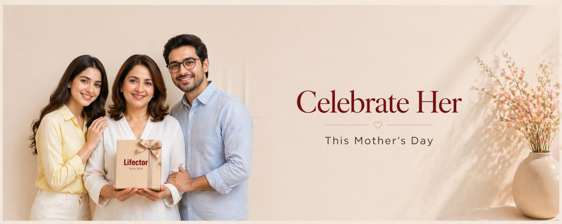 Lifector Mother's Day 2026 sale banner with mother, daughter and son holding gift box