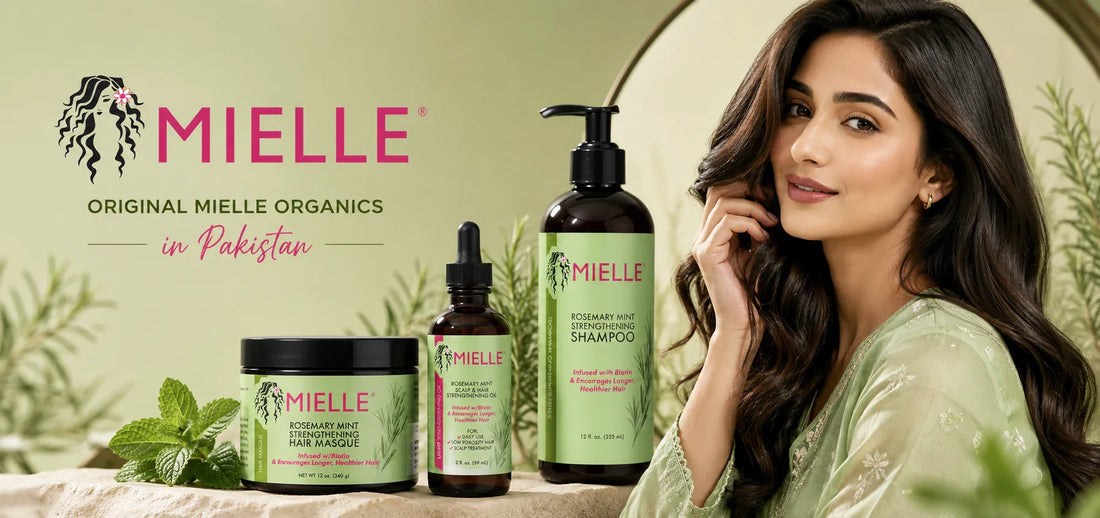 Original Mielle Organics Hair Care Collection in Pakistan featuring Rosemary Mint Shampoo, Hair Masque, Scalp & Hair Strengthening Oil, and a Pakistani model with healthy, shiny hair | Lifector Since 2014
