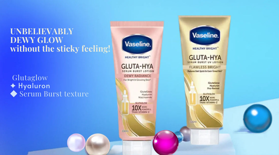 Vaseline Gluta-Hya Serum Burst Lotion Dewy Radiance and Flawless Bright displayed on a blue gradient background with glowing spheres – buy original Vaseline skincare in Pakistan at Lifector