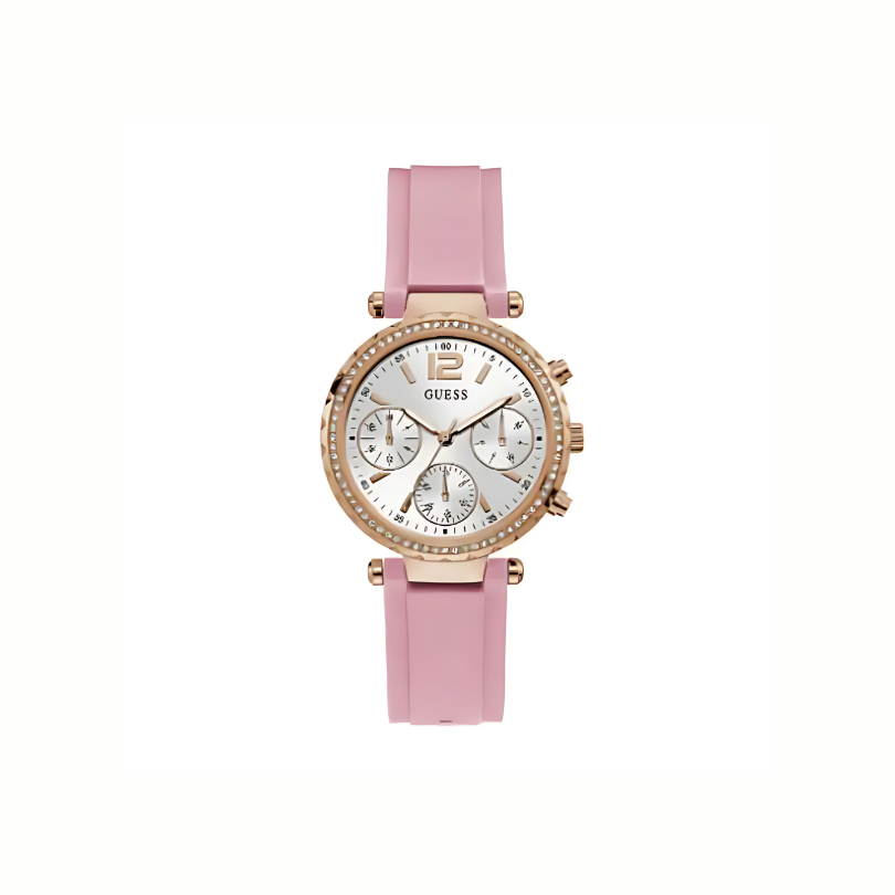 Guess Solstice Pink Silicone Strap Silver Dial 37 mm Chronograph Quartz Watch for Ladies - GW0113L4