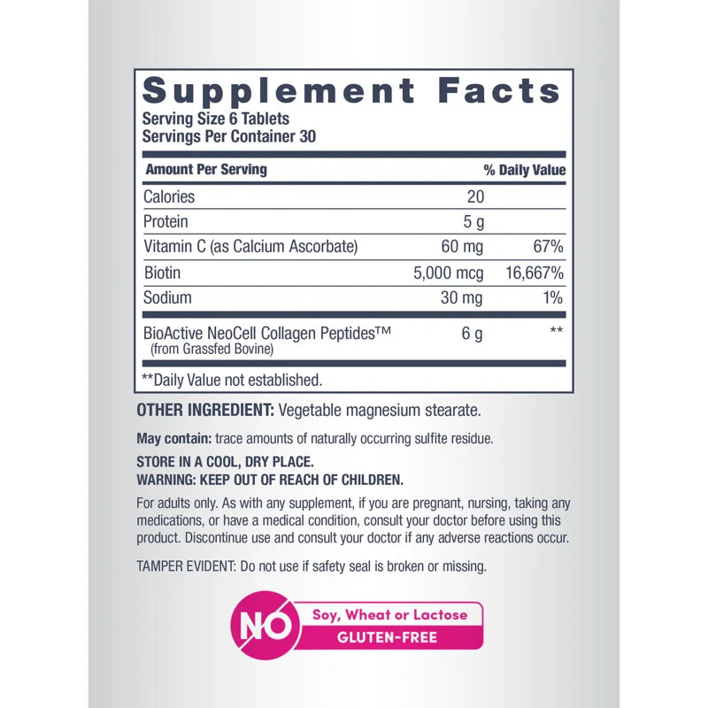 NeoCell Grassfed Collagen Peptides + C & Biotin, 180 Caplets