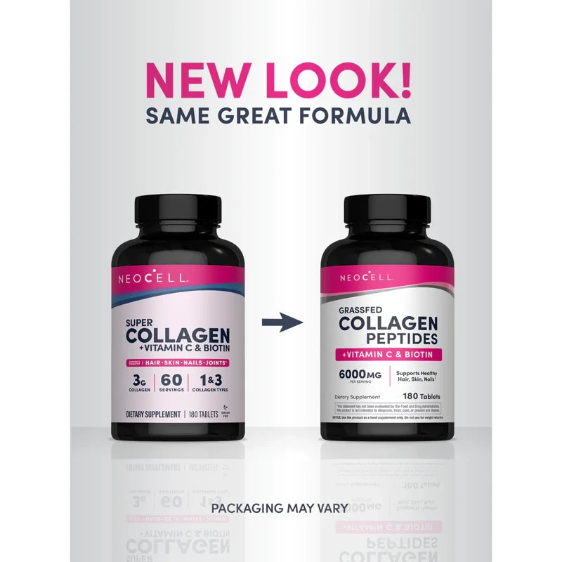 NeoCell Grassfed Collagen Peptides + C & Biotin, 180 Caplets